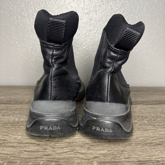PRADA Chelsea Boots 37 Italy Black Leather Platform 2" All Weather US Size 7 - Picture 9 of 13